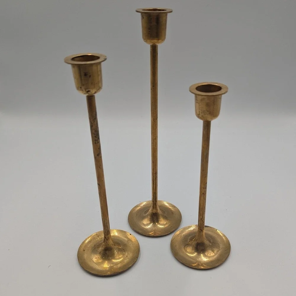 Vintage Brass Candlestick Set Gold Tapered Minimalist Staggered Heights 3pc